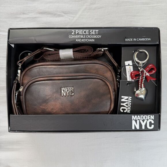 Madden NYC Handbags - NWT Madden NYC Camera Bag Crossbody Bow Heart Keychain Charm Set Brown Gift Box